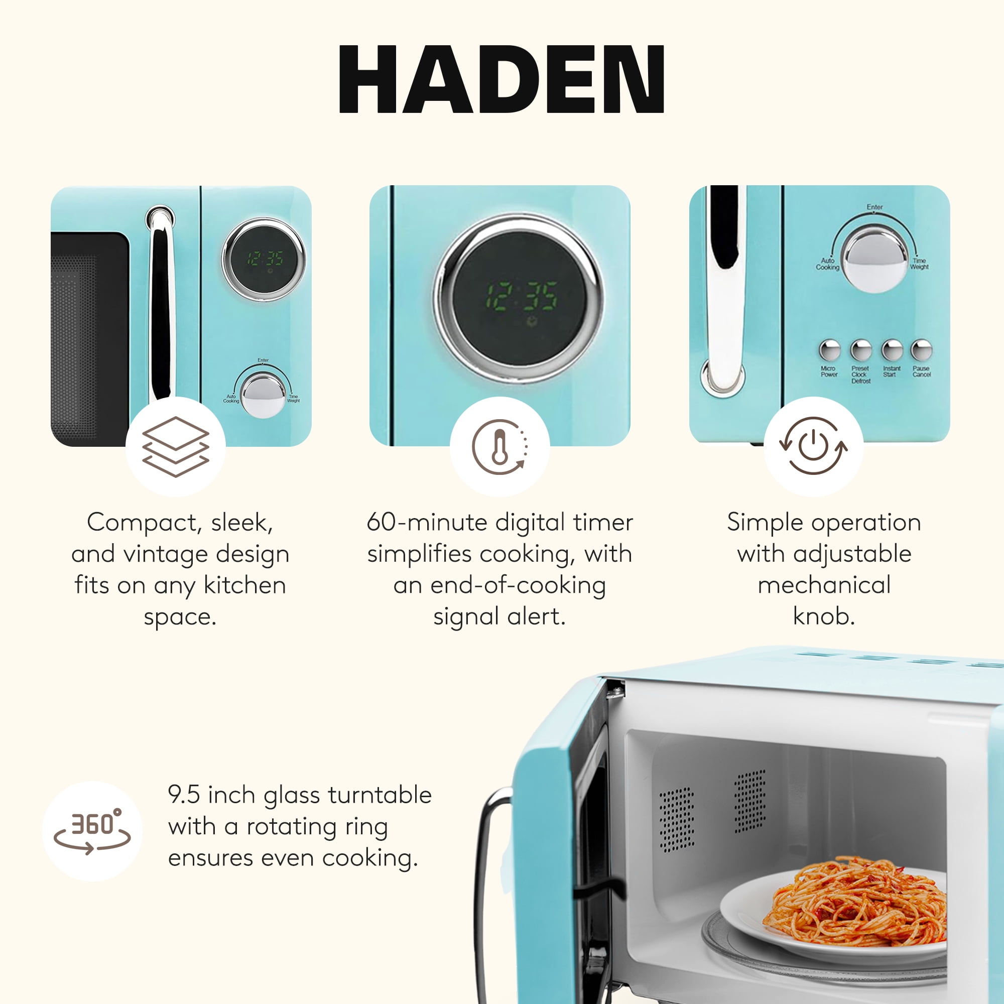 Open Box Haden 700W .7 Cubic Foot Microwave Oven w/Digital Controls, Turquoise