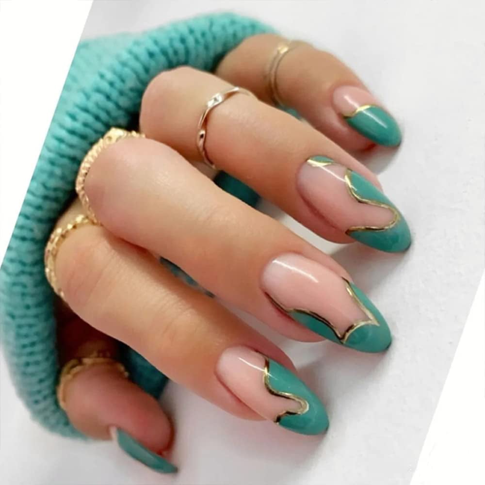 Green Press on Nails UV Finish Gel Nails,Medium Almond Shape Reusable Fake  Nails with Glue for Women Girls DIY Manicure Nail Art,2022 Fashion Nails -  