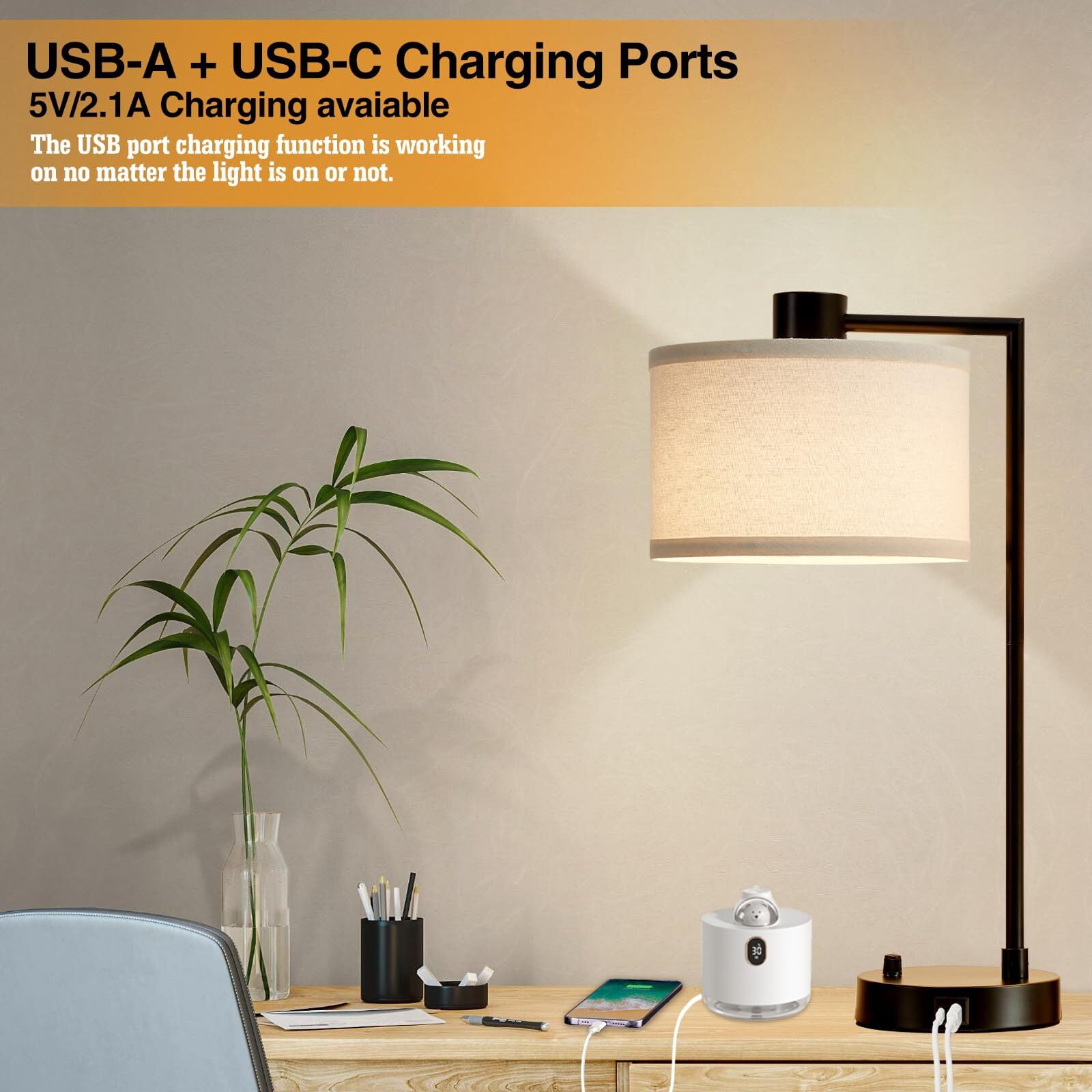 NATYSWAN Table Lamp for Bedroom Set of 2 with USB C+A Ports, Fully Stepless Dimmable Bedside Lamp with Linen Lampshade, Contemporary Lamp for Living Room Reading Office, 2 LED Bulbs Included (Black)