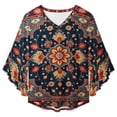 thumbnail image 4 of Colorful Floral Pattern Rug Women's V-Neck Blouse With 3/4 Ruffled Bell Sleeves Casual Top Ladies Blouses, 4 of 7