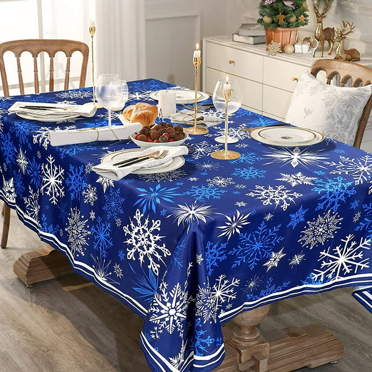 Classic Blue Winter Snowflake Christmas Tablecloth - Blue and White Winter  Holiday Snowflake Print Xmas Easy Care Table Cloth Decoration Table Cover,  60 x 84 (6-8 Seats)，Oblong/Rectangle 
