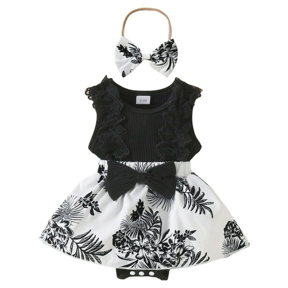 Zanarzt Preemie Clothes Baby Girl Clothes Romper Dress Lace Ruffle Sleeveless Summer Outfits with Headband Black,6-9 Months