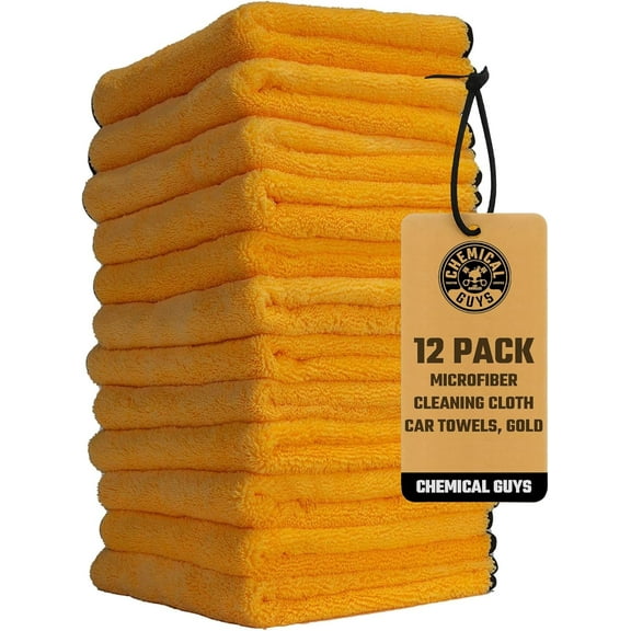 Chemical Guys MIC_506_12 Professional Grade Premium Microfiber Towels, Gold (16 Inch x 16 Inch) (Pack of 12) - Safe for Car Wash, Home Cleaning & Pet Drying Cloths