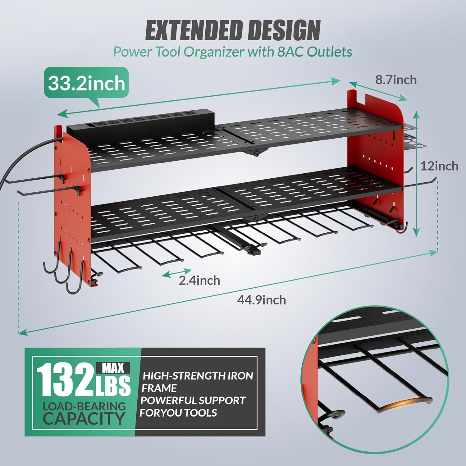 Suchtale Power Tool Organizer with Charging Station,33.2''Garage 8 Drill Holders Wall Mount,3 Layers Heavy Duty Metal Tool Shelf with 8 Outlets Power Strip, Gift for Men, Father, Red