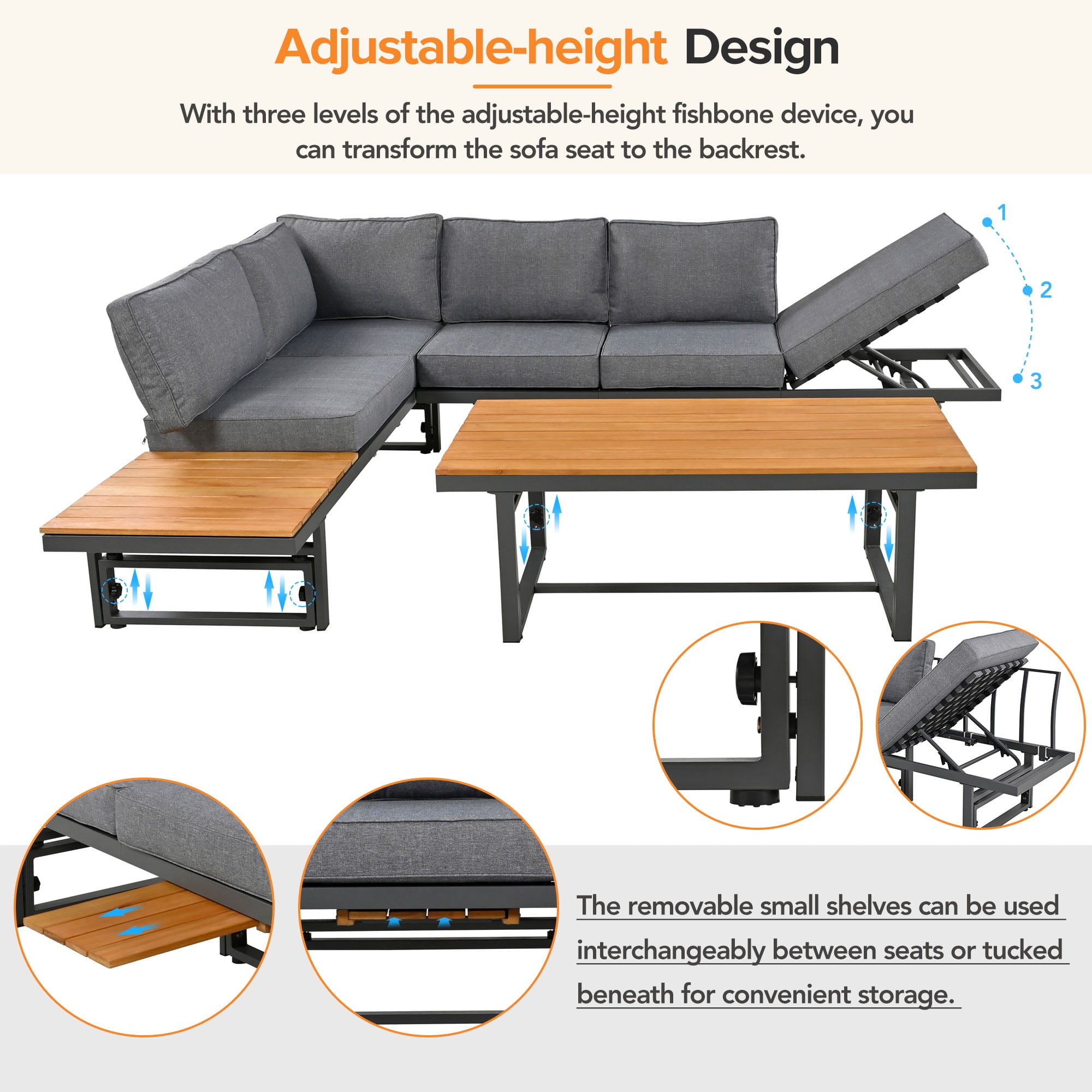 Harper & Bright Designs Metal Patio Conversation Furniture Set, 3 Pieces Modern Outdoor Sectional Sofa Set with Coffee Table and Height Adjustable Seating for Garden and Backyard, Grey