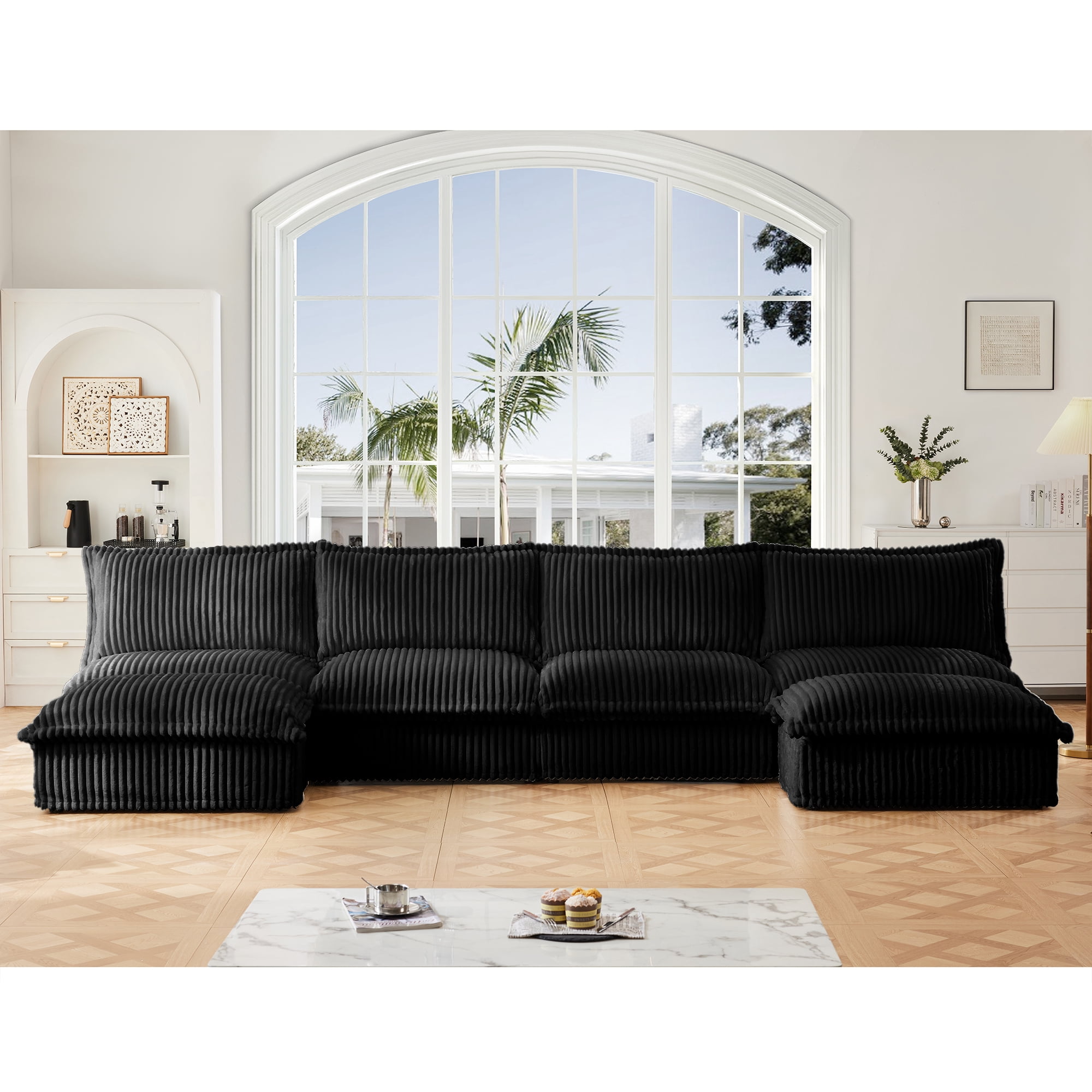 Gewnee Modern Armless Oversize 4 Seater Deep Seat Sectional Sofa With Ottoman,Free Combination U Shape Green Corduroy Sofa Couch For Living Room