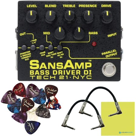 Tech 21 SansAmp Bass Driver DI V2 Pedal Bundle w/Guitar Patch Cables 1/4, 12x Fender Picks & Liquid Audio Polishing Cloth- Bass DI Box, XLR Output Guitar Effects, Bass Guitar Kit, Bass Driver Pedal