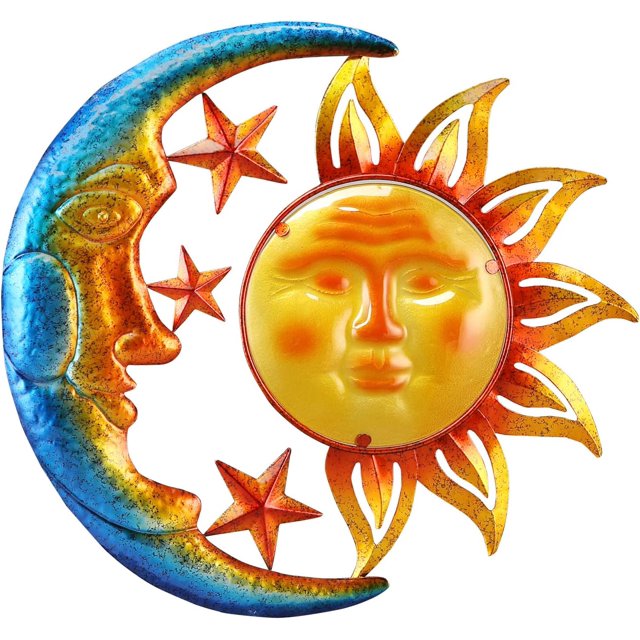 Decoración de pared para exteriores con sol de metal de 18.0 in con luna y estrellas, colgante para interior, patio, jardín, valla, terraza, patio, piscina, decoración de pared para sala de estar, do