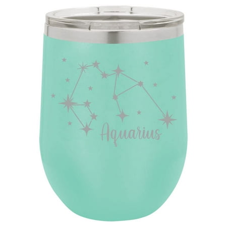 

12 oz Double Wall Vacuum Insulated Stainless Steel Stemless Wine Tumbler Glass Coffee Travel Mug With Lid Horoscope Constellation (Teal) (Aquarius)
