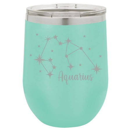 

12 oz Double Wall Vacuum Insulated Stainless Steel Stemless Wine Tumbler Glass Coffee Travel Mug With Lid Horoscope Constellation (Teal) (Aquarius)