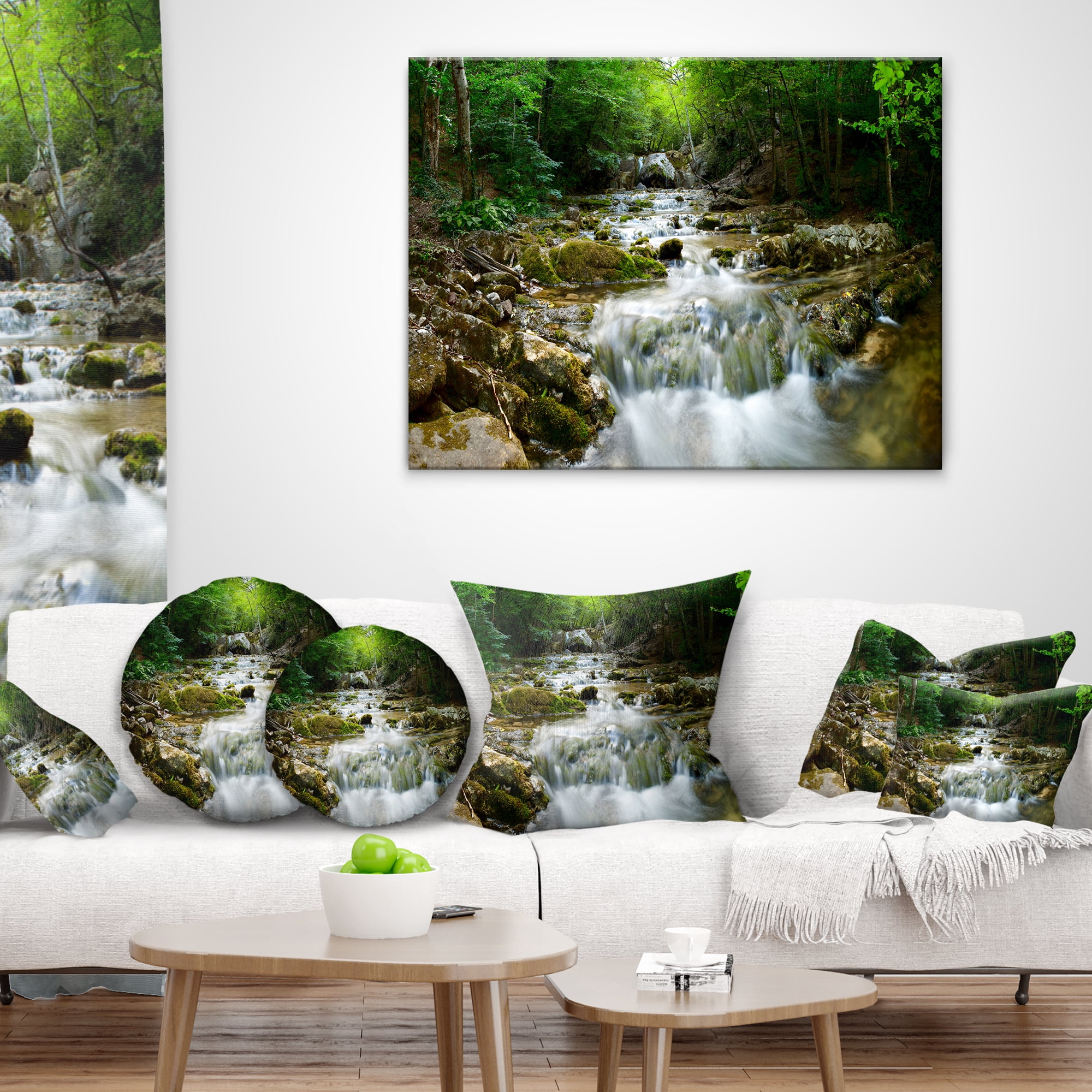 Designart Natural Spring Waterfall - Landscape Photography Throw Pillow - 18x18