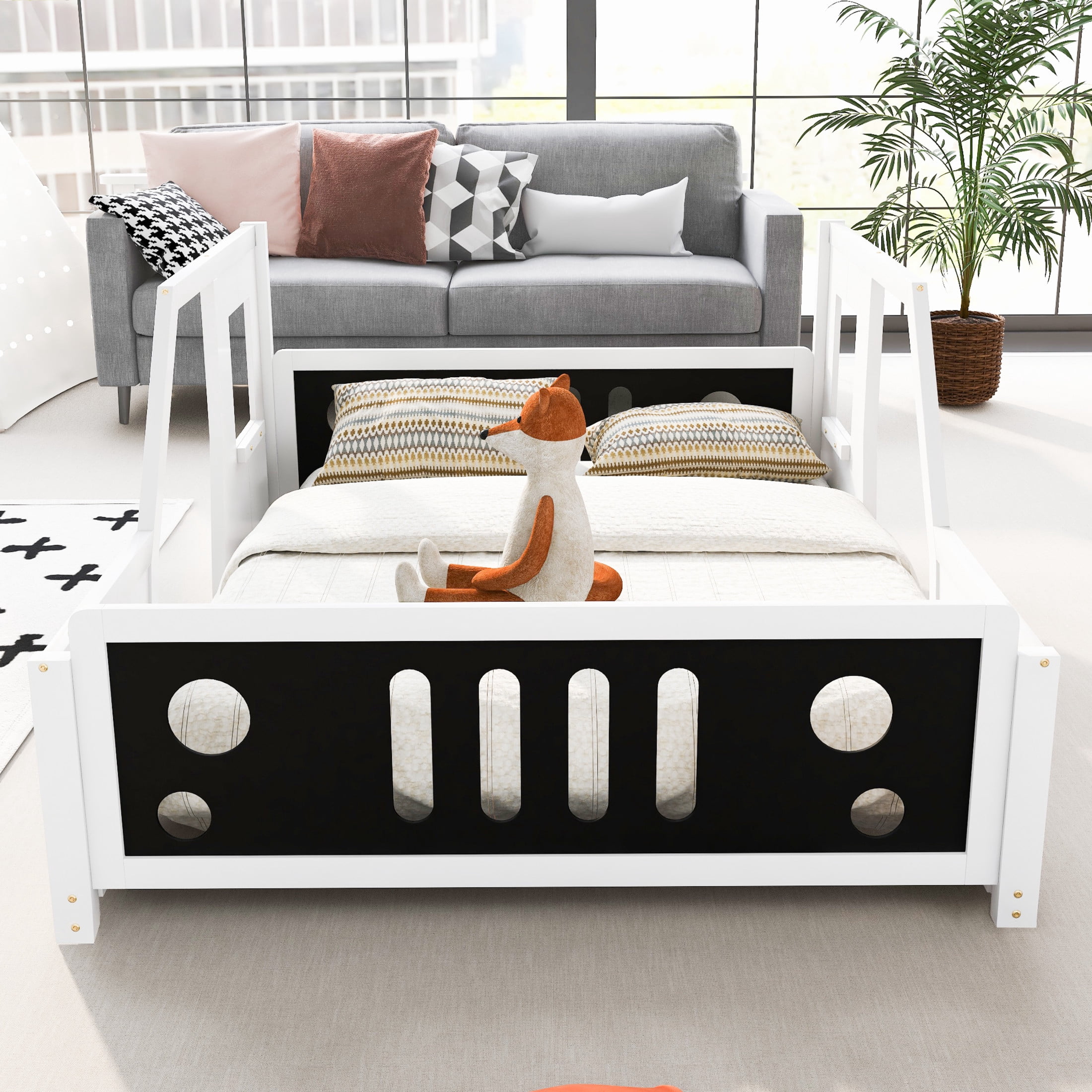 Noble House Full Classic Car-Shaped Platform Bed, Playful Pine Wood Frame with Doors and Wheels, White