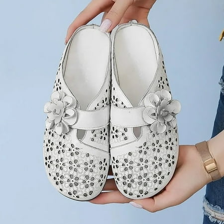 

XIAQUJ Women Flowers Decorate Hollow Slip on Casual Round Toe Wedges Comfortable Beach Shoes Sandals Slippers Sandals for Women White 8.5(41)