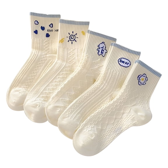 TELOLY Women'S Socks 5 Pairs White Cute Socks Women'S Lace Ruffles Ankle Casual Sock Breathable Mid Tube Socks Floral Crew Socks