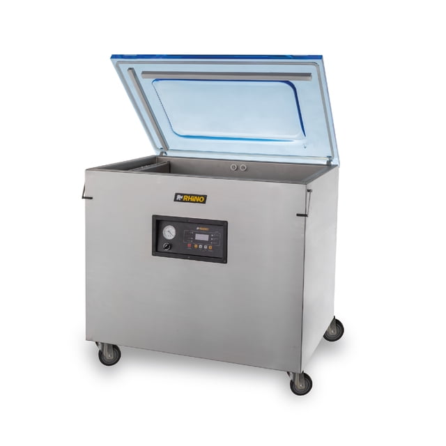 empacadora al vacío rhino evac-40x 40 m3/h empacadora industrial de acero inoxidable 304 con tapa superior abierta, gabinete rectangular sobre ruedas con freno, panel frontal con manómetro y controles digitales, cámara amplia y barras de sellado en “L” para piezas voluminosas; también suele usarse como equipo de envasado para porcionado y almacenamiento en cocinas industriales.