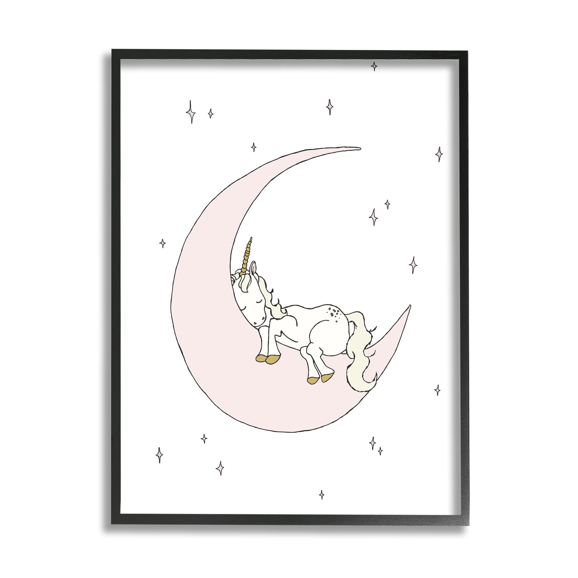 Stupell Industries Cozy Sleeping Unicorn Nighttime Moon Delicate Stars Graphic Art White Framed Art Print Wall Art, Design by Sweet Melody Designs