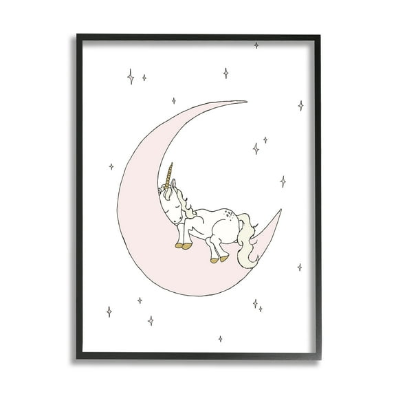 Stupell Industries Cozy Sleeping Unicorn Nighttime Moon Delicate Stars Graphic Art Black Framed Art Print Wall Art, Design by Sweet Melody Designs