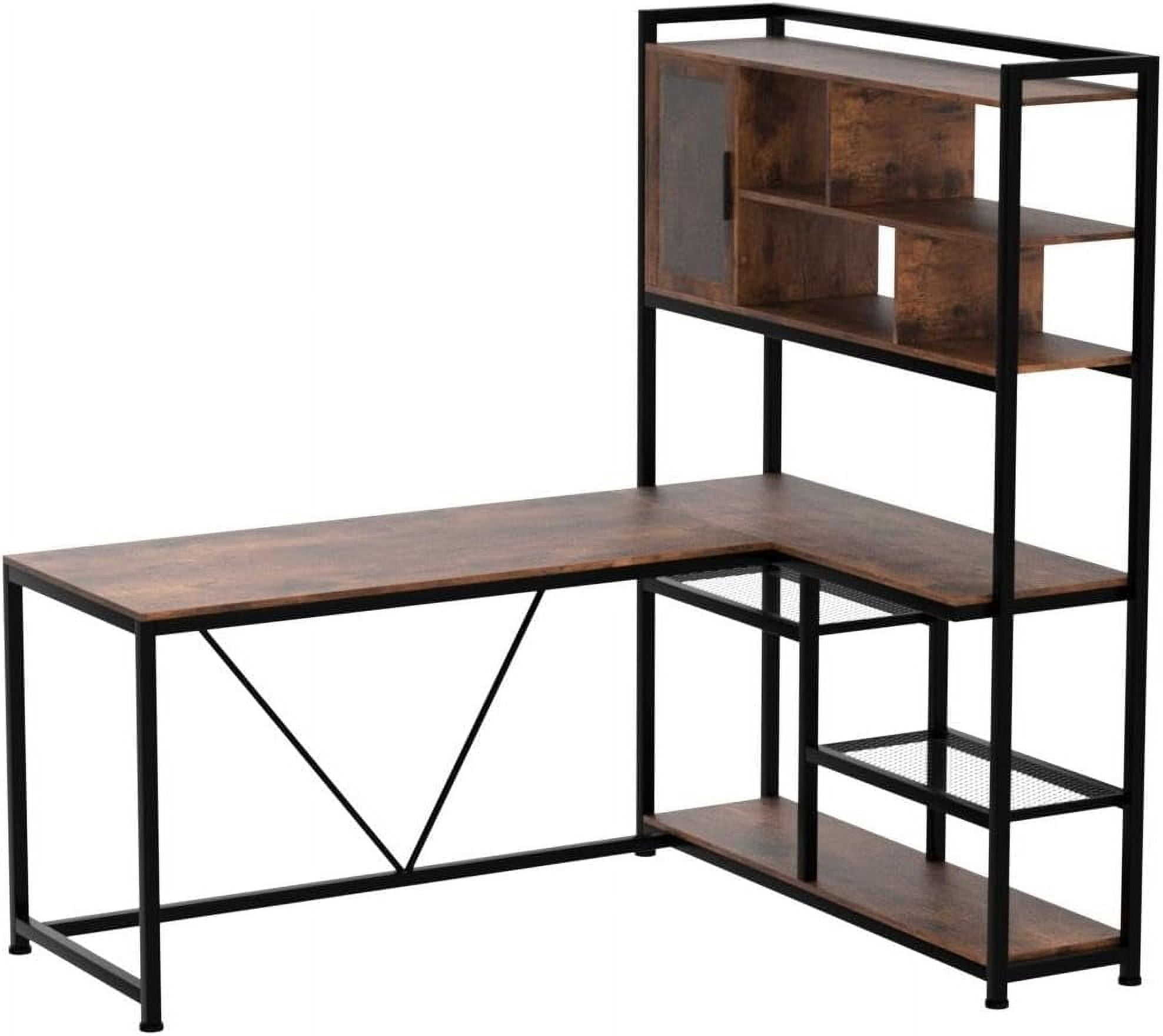 L-Shaped Desk with LED Lights & Hutch, Reversible Corner Computer Desk with Storage Shelves & Glass Cabinet, Writing Desk for Home Study, Rustic Brown