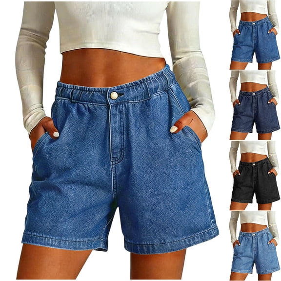 Elastic Waist Jean Shorts for Women with Pockets Wide Leg Stretchy Loose Fit Trendy Casual Faux Denim Shorts (XL, Blue)