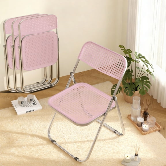 HDHNBA Indoor Outdoor Stackable Rattan Look Plastic Folding Chairs 350 LBS, Set of 4, Pink