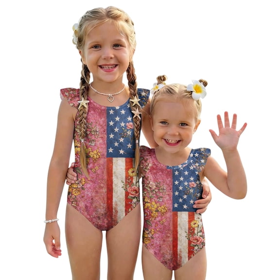 Grblisyd 4th of July Girls Swimsuit American Flag Crew Neck Flutter Sleeve Swimwear Beach Quick Dry Independence Day Bathing Suit for Kids 7-8 Years