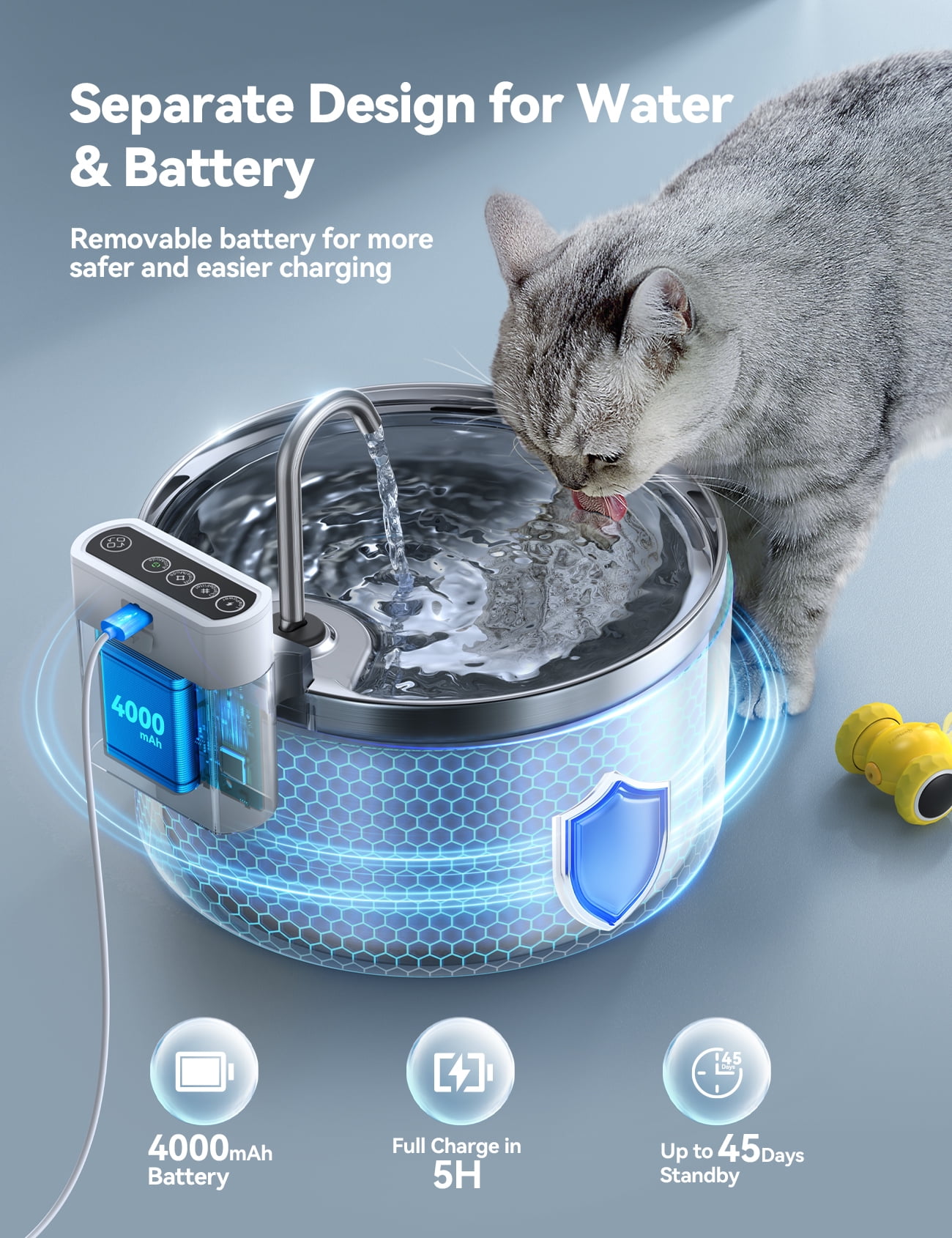 FeelNeedy Cat Water Fountain Stainless Steel, 118oz/3.5L Wireless Pet Fountain, Battery Operated Cat Fountain, Automatic Water Dispenser with 3 Filters for Cats and Dogs