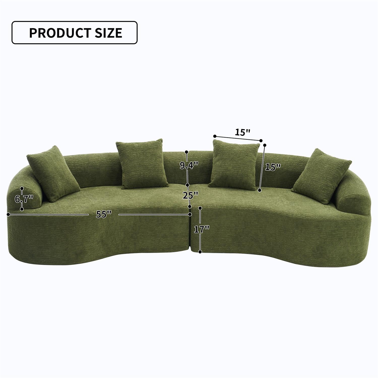 Demi Bonn 110"L Modular Sectional Sofa with Full Compression Sponge, Curved Design, High-Density Chenille Sleeper Couch for Living Room, 800 lbs Capacity, Green