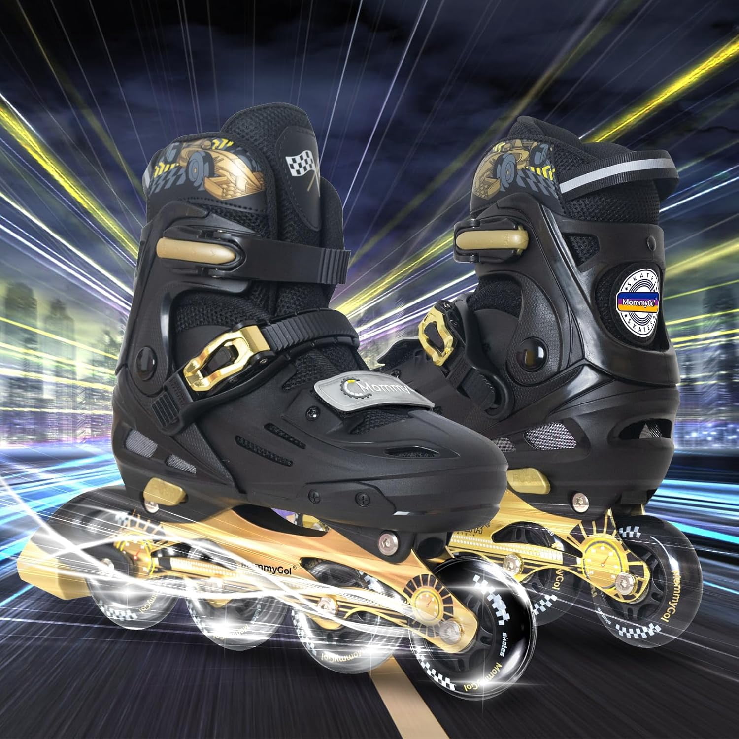 MammyGol Kids Adjustable Inline Skates Light Up Roller Skates with PU Wheels Ages 7 8 9 Years Cool Cars Styles For Birthday Gifts(Golden)