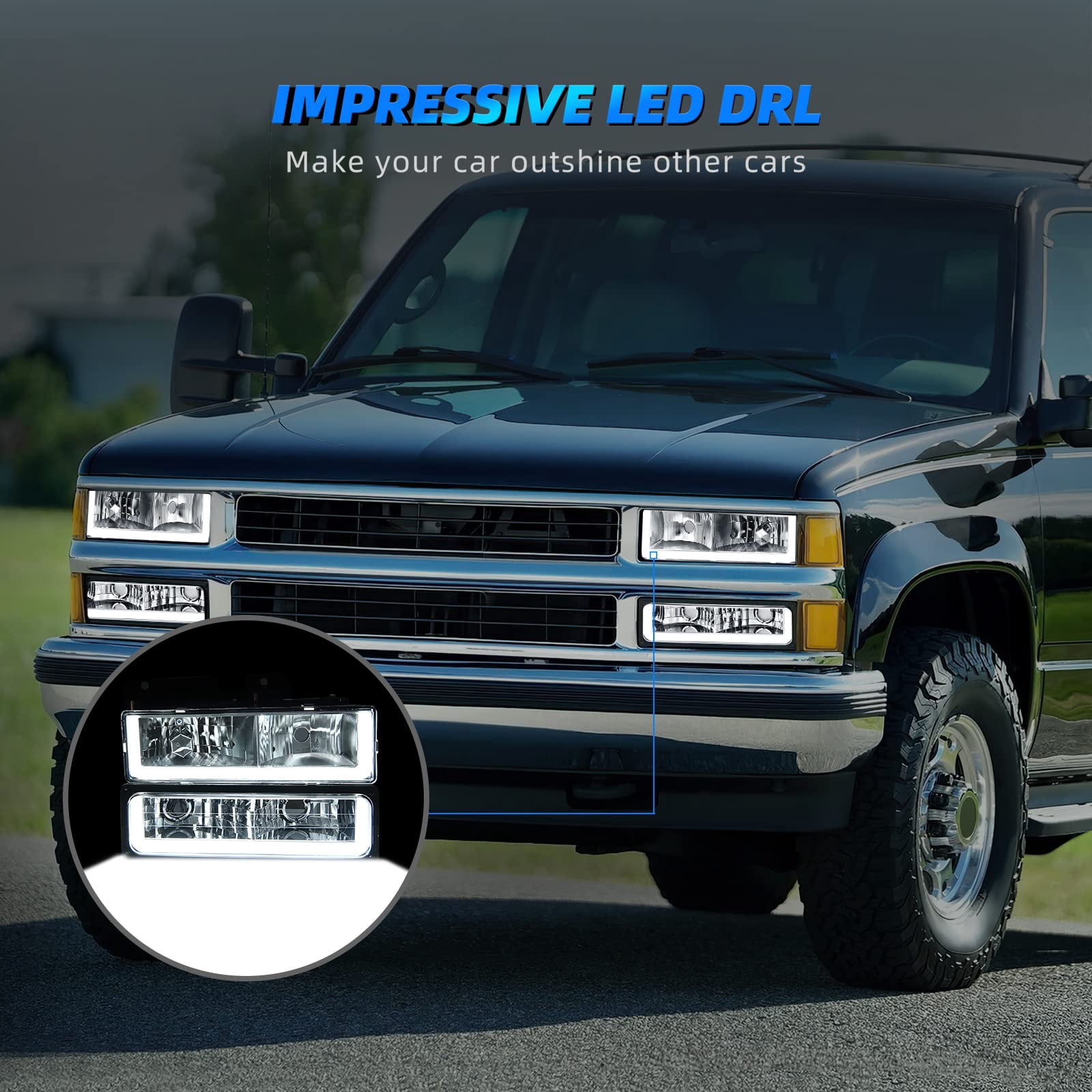 RVNI LED DRL Headlights + Bumper Lamps For 90-99 Chevy C/K GMC C/K 1500 95-99 Tahoe