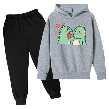 First Day of School Outfits Girl Boy Cartoon Print Hooded Top Sweatpants Dinosaur Costume Kids 2 Piece Clothing Set Sweatsuit Gray 11 Years