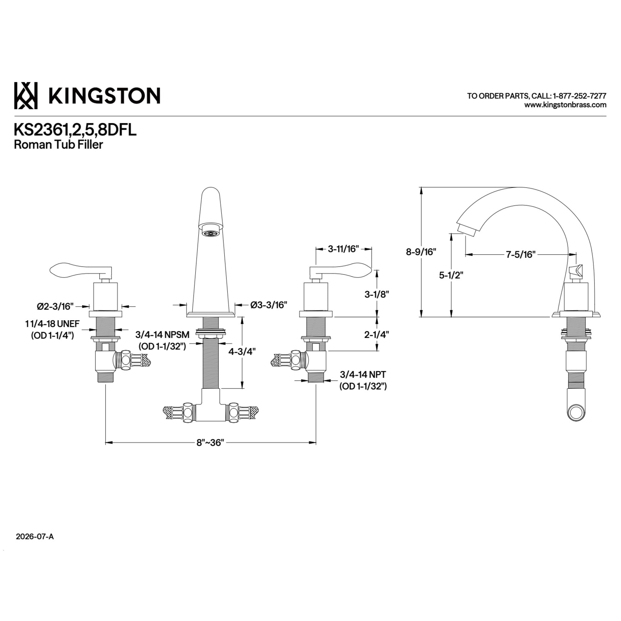 Kingston Brass KS2365DFL Vintage Two-Handle 3-Hole Deck Mount Roman Tub Faucet in Oil Rubbed Bronze