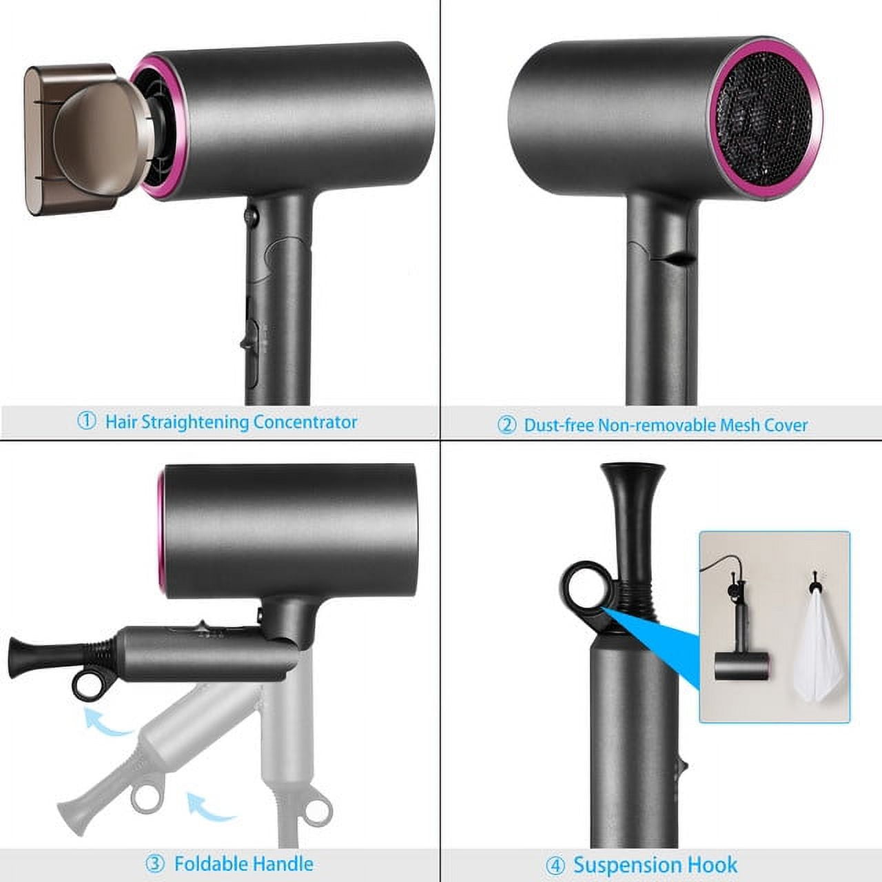 1800W Professional Ion Foldable Hair Dryer, Black