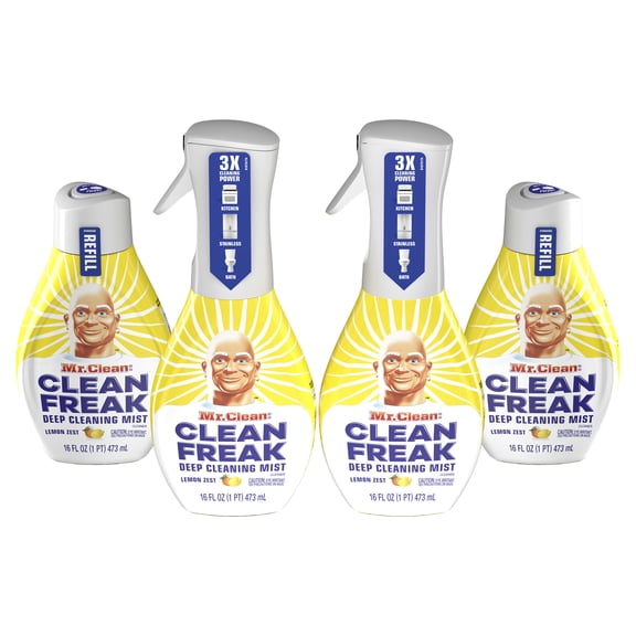 Mr Clean Clean Freak Deep Cleaning Mist Spray, Lemon Zest, 2 Starter Kits, 2 Refills