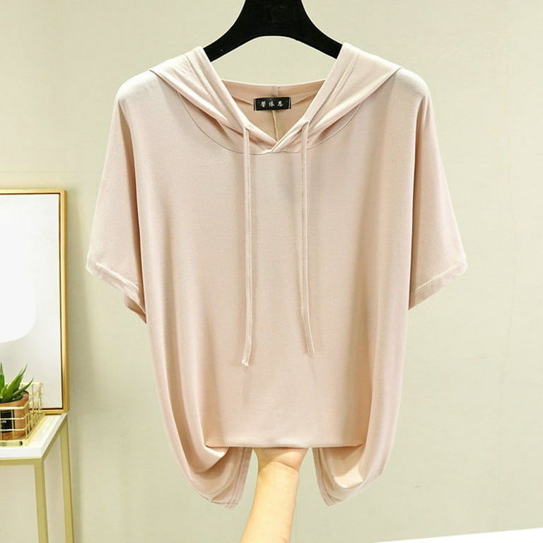 Womens Summer Hoodies Casual Short Sleeve Drawstring Lightweight Pullover Sweatshirts Ladies Loose Solid Color Soft Workout Tops Basic T Shirts Walmart