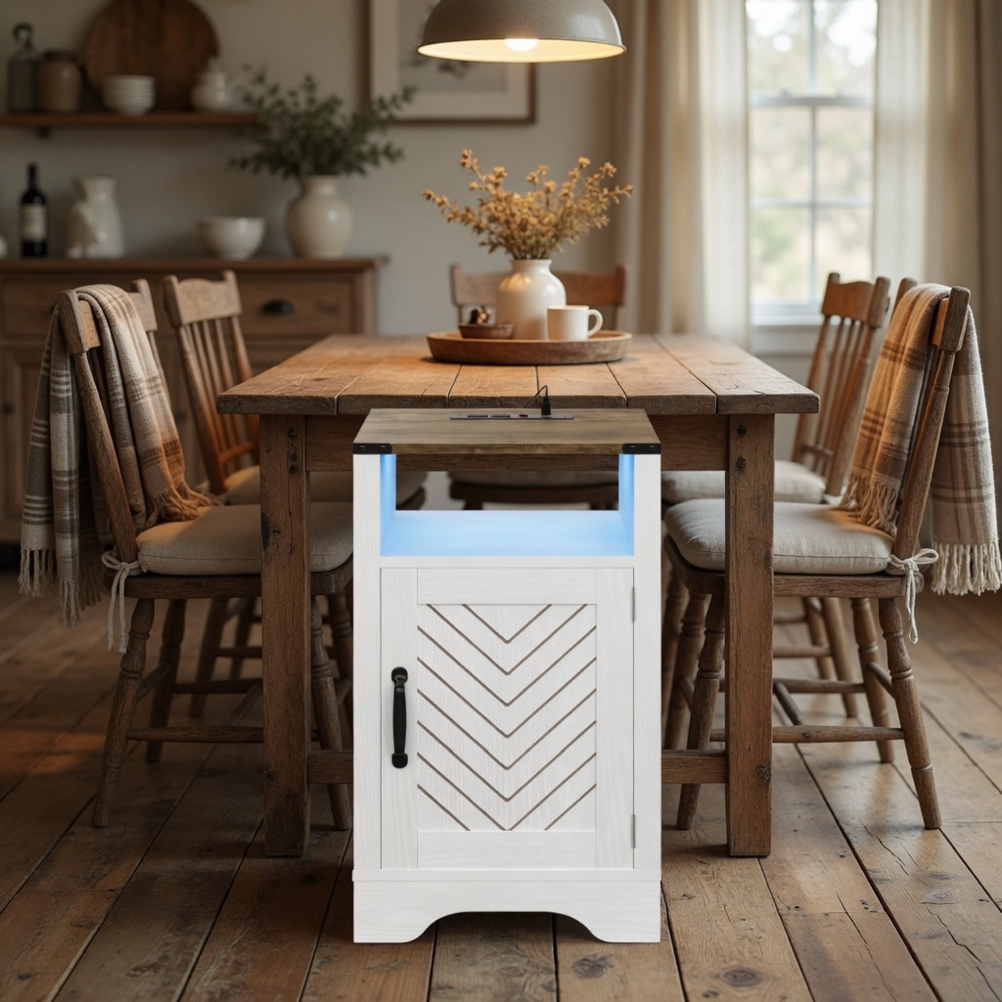 16" Wide White & Rustic Oak LED Nightstand with Charging Station & Storage