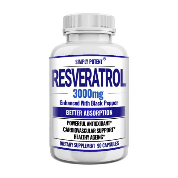 Simply Potent Resveratrol Max Strength 3000mg with Black Pepper Supplement for Anti-Aging, Skin & Heart Health, Immune System, Brain Function & Digestive Support, 90 Caps