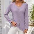 thumbnail image 4 of ATOYSOY Casual Loose Eyelet Shirts for Women V Neck Pullovers Button Trendy Outwear Fall Solid Color Tops Long Sleeve Tees Purple S, 4 of 7