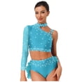 thumbnail image 3 of Kaerm Womens Shiny Rhinestone Dance Top Asymmetrical Shoulder Long Sleeve Figure Skating Costume Crop Top Sky Blue M, 3 of 5
