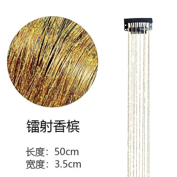 Zhuge 8 piezas de oropel para el cabello con clip, extensiones de cabello con clip de 20 pulgadas con purpurina resistente al calor, color champán