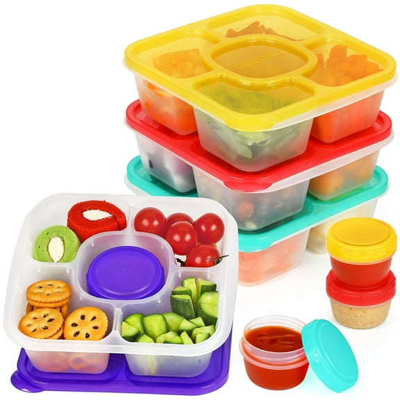 Caperci 4 Pack Snack Box Container -5 Compartment Bento Snack Box with 4 Leakproof Sauce Containers, Dishwasher Safe, BPA Free (Brights Color)