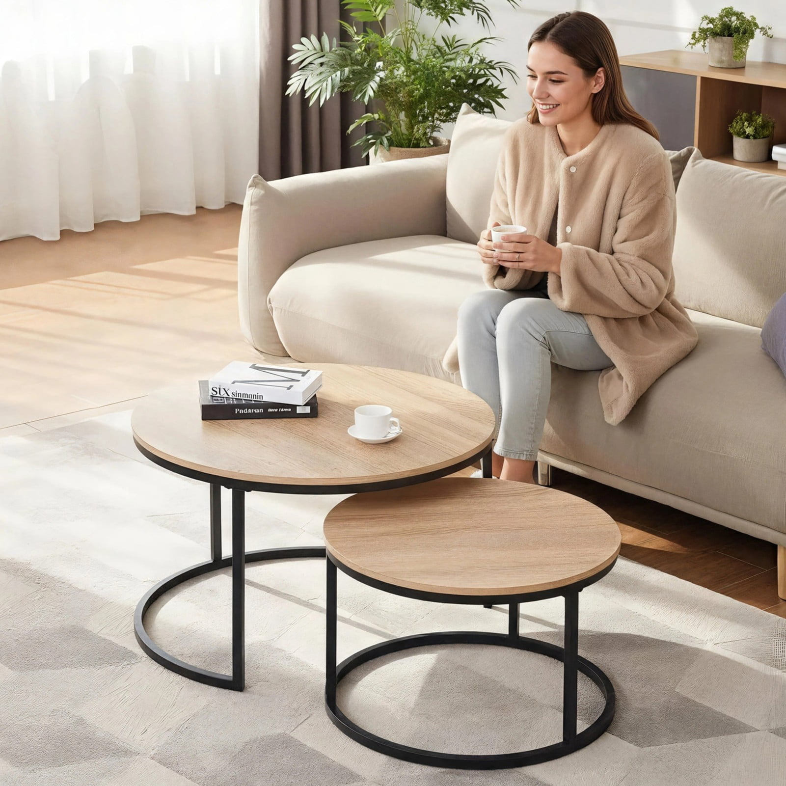 CENSI Round Nesting Coffee Table Set of 2, 31.5" Natural Oak Wood & Metal Frame, Modern Industrial Stacking Center Tables for Living Room, Scandi Boho Decor, Sturdy Circle Accent Furniture