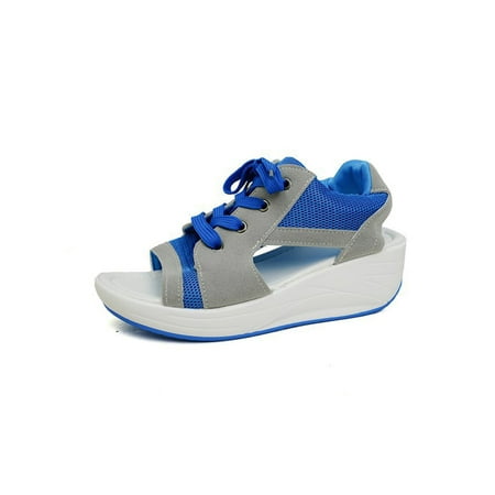 

Ritualay Women Wedge Sandals Mesh Sport Sandal Lace Up Platform Shoe Patchwork Non-Slip Summer Sneakers Ladies Womens Thick Sole Casual Shoes Blue 9