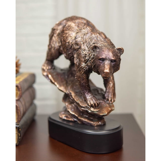 Faune Grande Grizzly Bear Descendant une Colline Figurine en Résine Électroplaquée en Bronze
