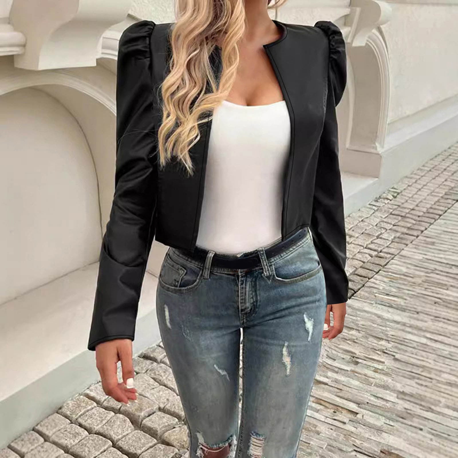TKLPEHG Women's Puff Sleeve Cropped Jacket Faux Leather Casual Blazer Long Sleeve Open Front Cardigan (Black,M)