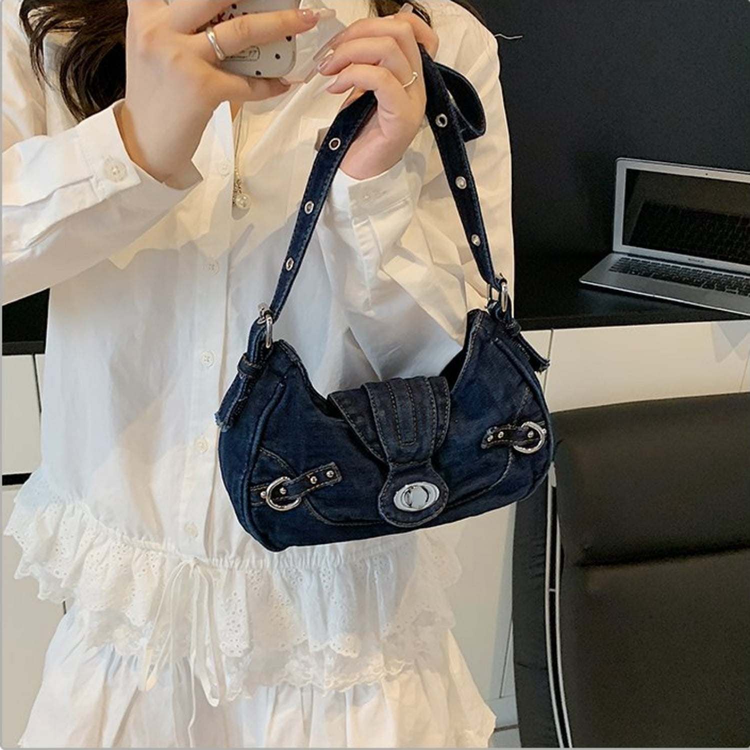 Women's Denim Crescent Shoulder Bag - Y2K Vintage Hobo Handbag, Trendy Mini Crossbody Purse for Girls, Casual Satchel with Adjustable Strap