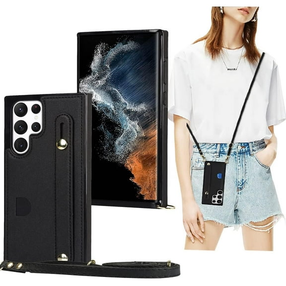 Case for Samsung Galaxy S22 Ultra (Not S22) with Card Slot Holder, Removable Adjustable Shoulder Strap Lanyard Crossbody Neck Purse Phone Case for Samsung Galaxy S22 Ultra KB Black