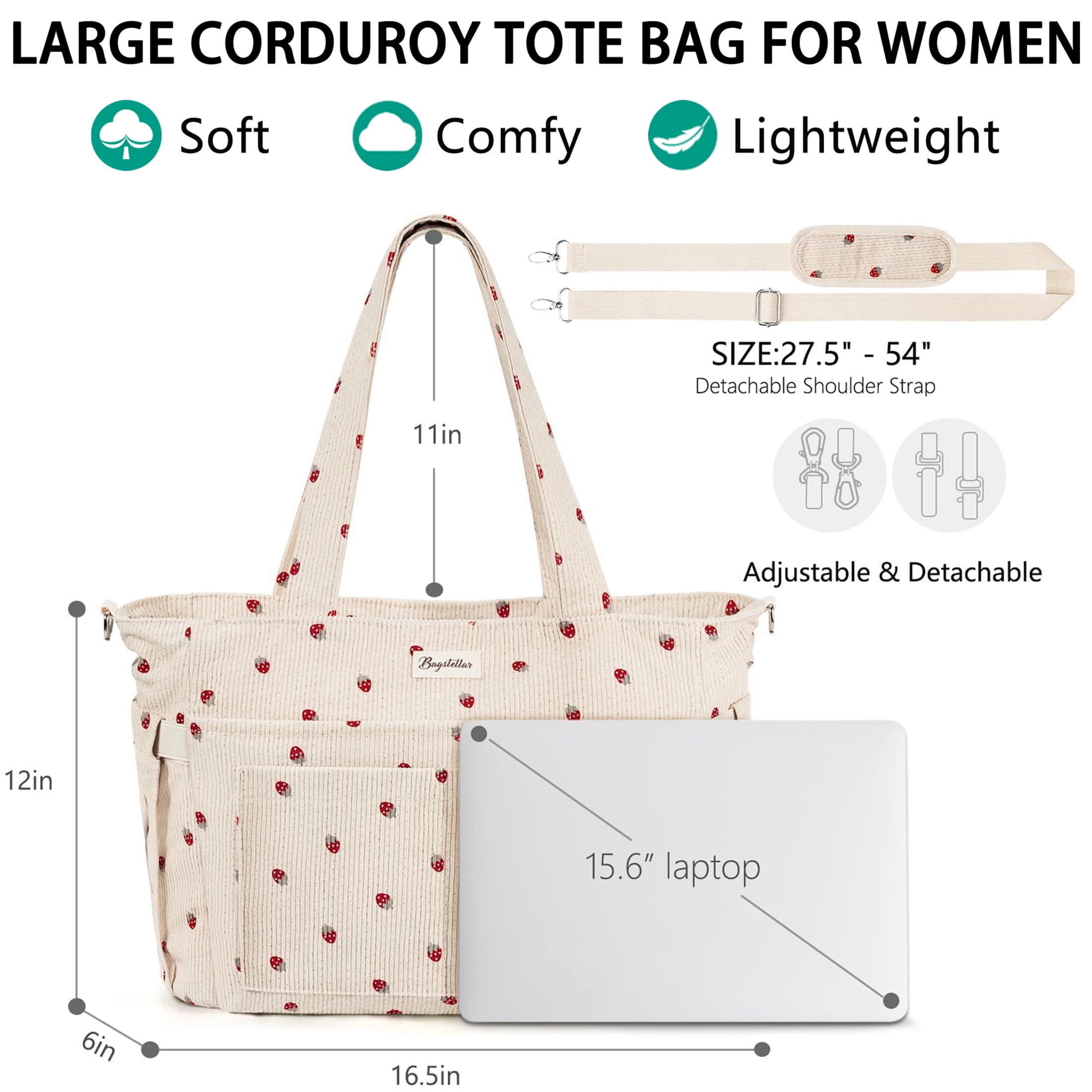 Corduroy Tote Bag for Women, Lightweight Work Laptop Tote Purse With 17 Pockets, Crossbody Shoulder Handbag for School Work Travel Gym, Beige Strawberry