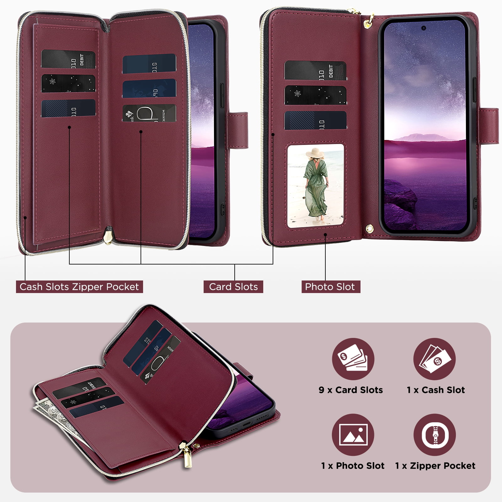 for Samsung Galaxy S23 Crossbody Wallet Case with 9 Card Holders, Cash Slot, Photo Slot, Zipper Pocket PU Leather Magnetic Snap Wallet Phone Case with Flip Stand & Wrist Strap & Lanyard, Winered