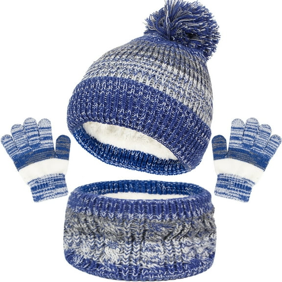 LpwkSSA Kids Winter Beanie Hat Scarf Gloves Set,Toddlers Knit Winter Warm Pompom Cap Scarf Gloves for Girls Boys (Navy,1 Years)
