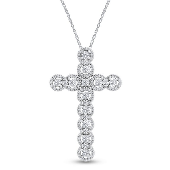 AFFY 1/2 Carat Round Cut White Natural Diamond Cross Pendant Necklace Along With 18" Chain In 14K Gold Over 925 Sterling Silver (0.5 Cttw, I2-I3 Clarity)
